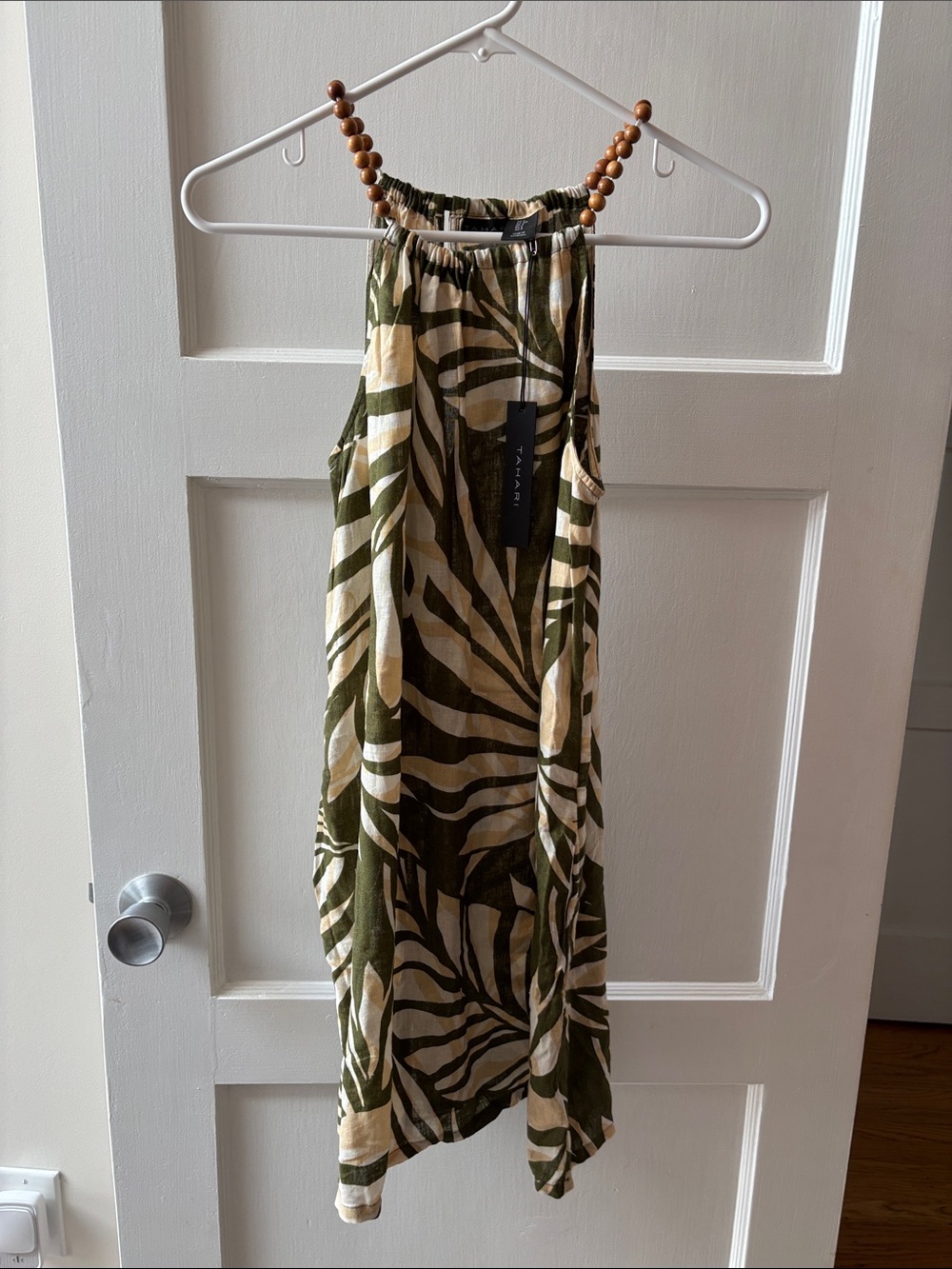 T Tahari Olive & Cream Halter High-Low Leaf Print Dress